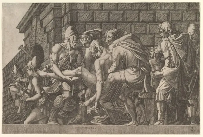 Framed Print : The Wounded Paris Carried from the Field of Battle. Creator: Master FG Framed Print : The Wounded Paris Carried from the Field of Battle. Creator: Master FG