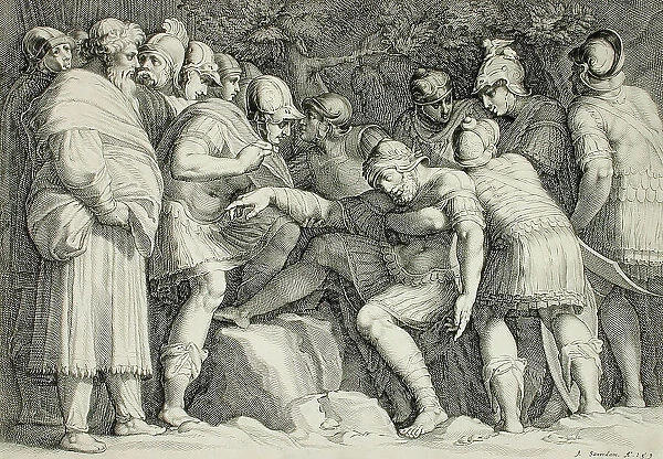 Wounded Scipio Carried from Battle by His Sons, 1593. Creator: Jan Saenredam