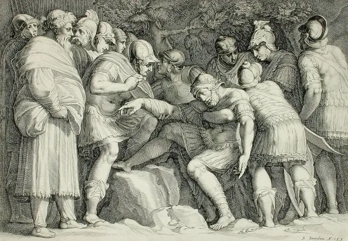 Framed Print : Wounded Scipio Carried from Battle by His Sons, 1593. Creator: Jan Saenredam Framed Print : Wounded Scipio Carried from Battle by His Sons, 1593. Creator: Jan Saenredam