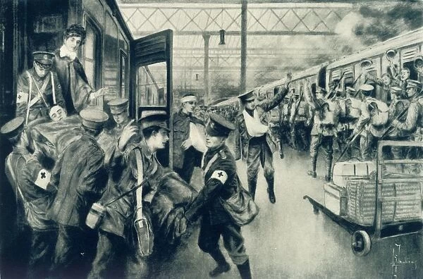 Wounded in War Arriving at Waterloo Station, London, as an Outward Troop Train Leaves, 1915