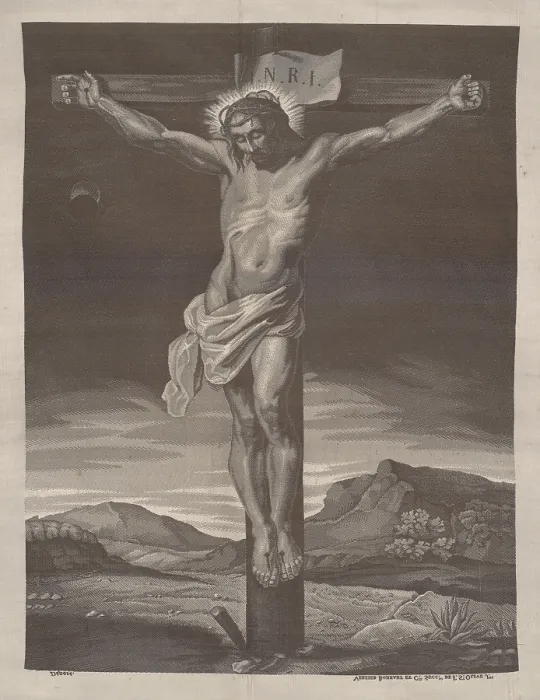 Framed Print : Woven picture-Christ on the Cross, 1st half of 19th century. Creator: Bonnart et Cie Verzier Framed Print : Woven picture-Christ on the Cross, 1st half of 19th century. Creator: Bonnart et Cie Verzier