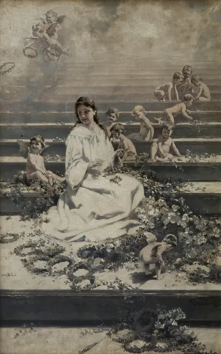 Framed Print : Wreath-Weaving (Our Lady of the Herbs), 'Queen of Heaven. Legends of the Virgin Mary', 1894. Creator: Piotr Stachiewicz Framed Print : Wreath-Weaving (Our Lady of the Herbs), 'Queen of Heaven. Legends of the Virgin Mary', 1894. Creator: Piotr Stachiewicz