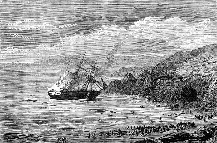 Framed Print : Wreck and burning of a barque in Mount's Bay, Cornwall, 1881. Creator: Unknown. Wreck and burning of a barque in Mount's Bay, Cornwall, 1881. Creator: Unknown Framed Print : Wreck and burning of a barque in Mount's Bay, Cornwall, 1881. Creator: Unknown. Wreck and burning of a barque in Mount's Bay, Cornwall, 1881. Creator: Unknown