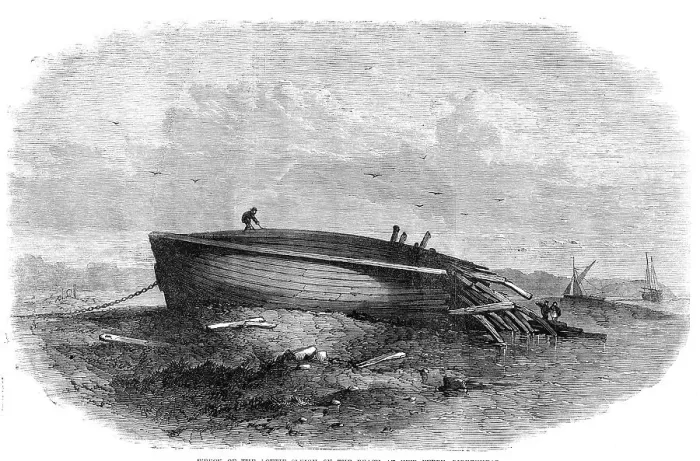 Framed Print : Wreck of the Lottie Sleigh on the beach at New Ferry, Birkenhead, 1864. Creator: Unknown Framed Print : Wreck of the Lottie Sleigh on the beach at New Ferry, Birkenhead, 1864. Creator: Unknown