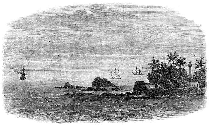 Framed Print : Wreck of the mail steam-ship Rangoon at Galle - Kadir Rocks at the entrance to Galle Harbour, 1871. Creator: Unknown Framed Print : Wreck of the mail steam-ship Rangoon at Galle - Kadir Rocks at the entrance to Galle Harbour, 1871. Creator: Unknown