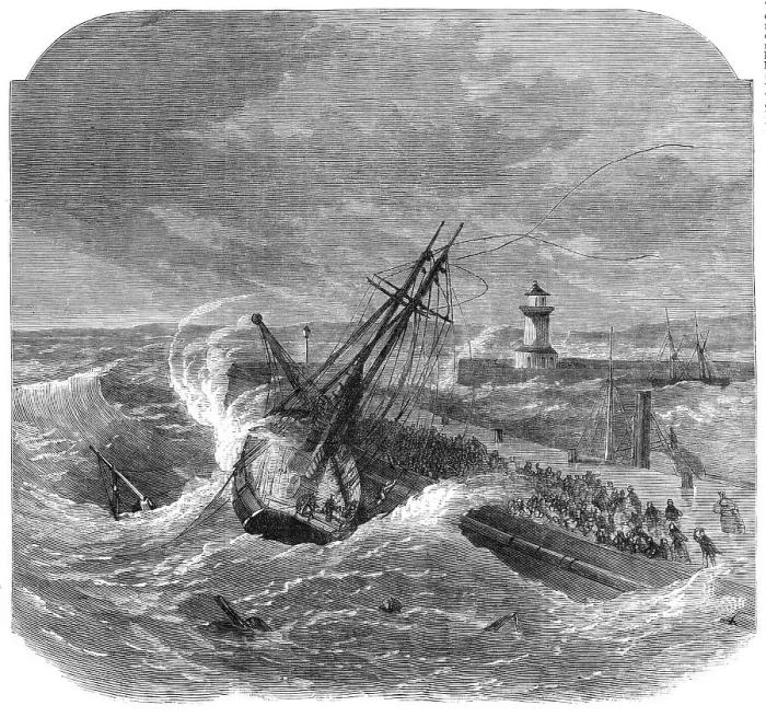 Framed Print : Wreck of the Rapido, a Portuguese schooner, on Ramsgate Pier, 1870. Creator: Unknown Framed Print : Wreck of the Rapido, a Portuguese schooner, on Ramsgate Pier, 1870. Creator: Unknown