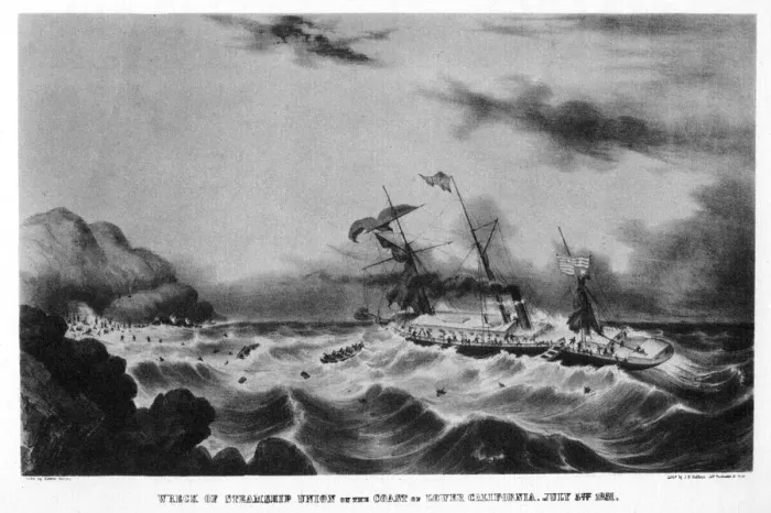 Framed Print : The wreck of the steamship Union on the coast of lower California, 1851 (1937). Artist: John Henry Bufford Framed Print : The wreck of the steamship Union on the coast of lower California, 1851 (1937). Artist: John Henry Bufford