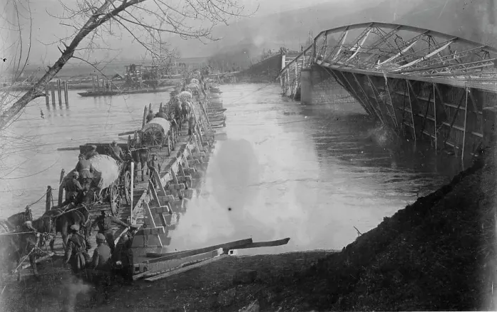 Framed Print : Wrecked bridge over Morawa [i.e. Morava], between c1915 and c1920. Creator: Bain News Service