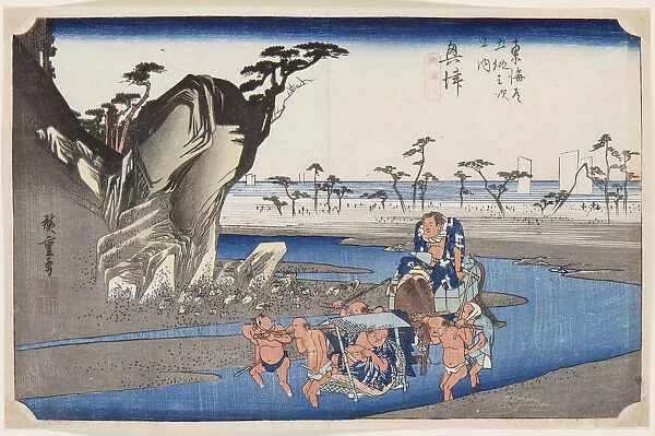 Two wrestlers crossing the Okitsu River near Okitsu, 1830s
