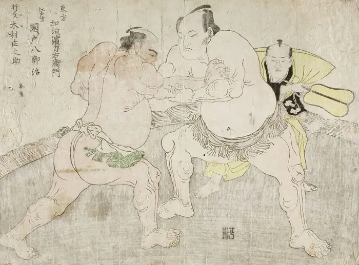 Framed Print : Wrestlers Kajigahama Rikiemon and Sekinoto Hachiroji, with the Umpire Kimura Shonosuke, 1785. Creator: Shunsho Framed Print : Wrestlers Kajigahama Rikiemon and Sekinoto Hachiroji, with the Umpire Kimura Shonosuke, 1785. Creator: Shunsho
