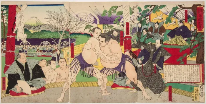Framed Print : Wrestling match Koyonagi Tsunekichi vs Arauma Daigoro, 1885 Framed Print : Wrestling match Koyonagi Tsunekichi vs Arauma Daigoro, 1885