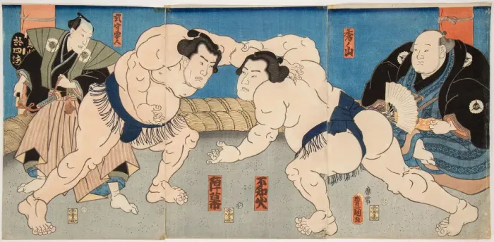Framed Print : Wrestling match Shiranui vs Jimmaku, 1860s Framed Print : Wrestling match Shiranui vs Jimmaku, 1860s