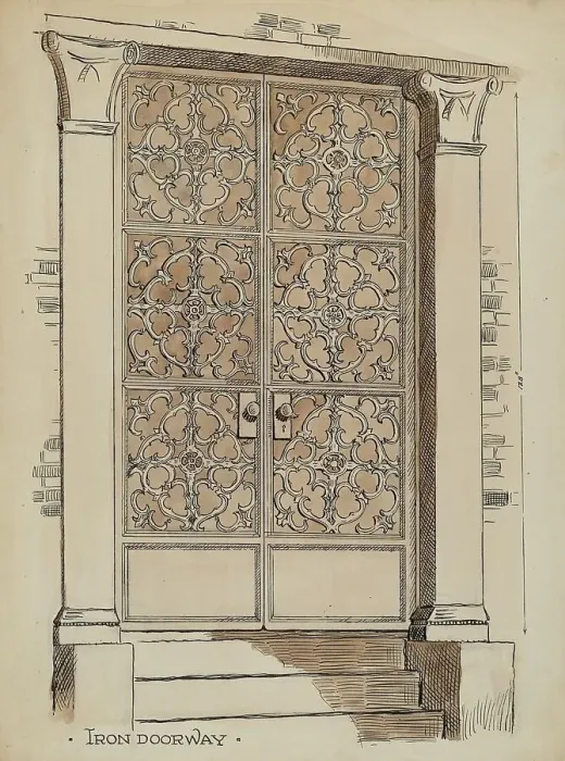 Framed Print : Wrought and Cast Iron Doorway, c. 1936. Creator: Al Curry Framed Print : Wrought and Cast Iron Doorway, c. 1936. Creator: Al Curry