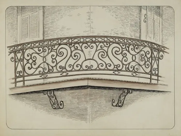 Framed Print : Wrought Iron Balcony, c. 1936. Creator: Al Curry Framed Print : Wrought Iron Balcony, c. 1936. Creator: Al Curry