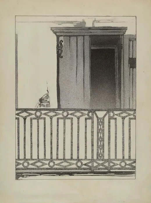 Framed Print : Wrought Iron Balcony Rail, c. 1936. Creator: Arelia Arbo Framed Print : Wrought Iron Balcony Rail, c. 1936. Creator: Arelia Arbo