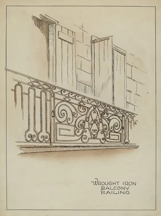 Framed Print : Wrought Iron Balcony Rail, c. 1936. Creator: Al Curry Framed Print : Wrought Iron Balcony Rail, c. 1936. Creator: Al Curry
