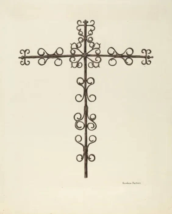 Framed Print : Wrought Iron Cross (Restored), c. 1938. Creator: Gordena Jackson Framed Print : Wrought Iron Cross (Restored), c. 1938. Creator: Gordena Jackson