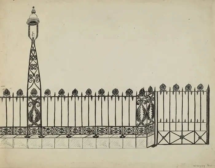 Framed Print : Wrought Iron Fence, 1935 / 1942. Creator: David P. Willoughby Framed Print : Wrought Iron Fence, 1935 / 1942. Creator: David P. Willoughby