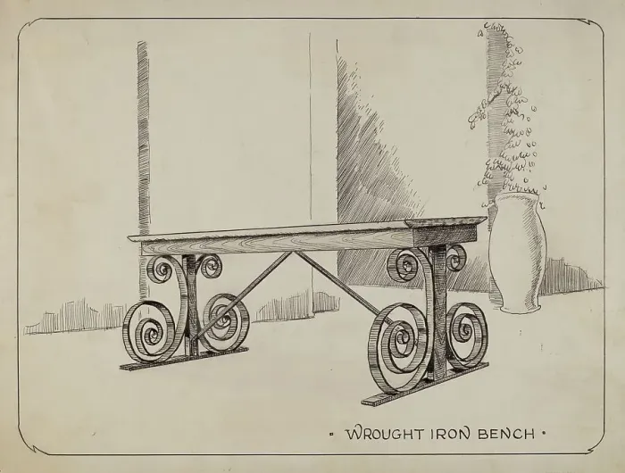 Framed Print : Wrought Iron Garden Bench, c. 1936. Creator: Al Curry Framed Print : Wrought Iron Garden Bench, c. 1936. Creator: Al Curry