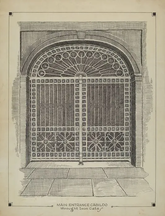 Framed Print : Wrought Iron Gate, c. 1936. Creator: Al Curry Framed Print : Wrought Iron Gate, c. 1936. Creator: Al Curry