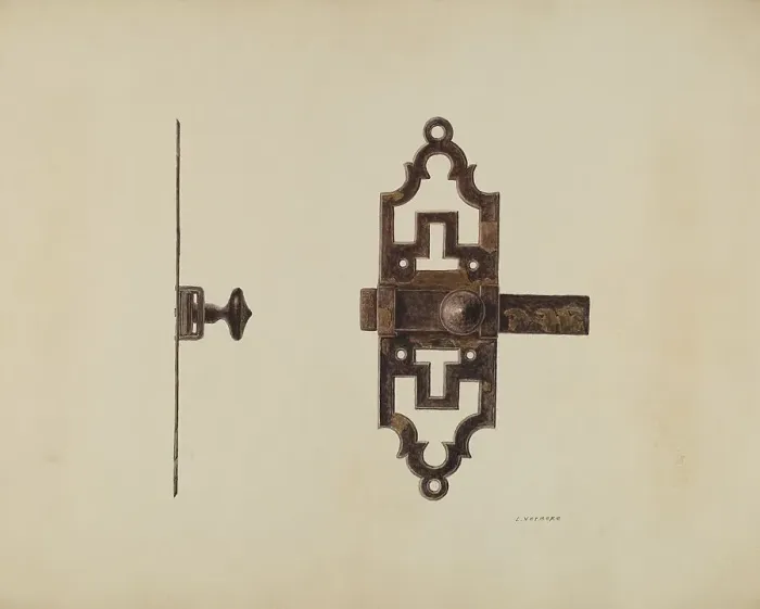 Framed Print : Wrought Iron Latch, c. 1938. Creator: Lucien Verbeke Framed Print : Wrought Iron Latch, c. 1938. Creator: Lucien Verbeke