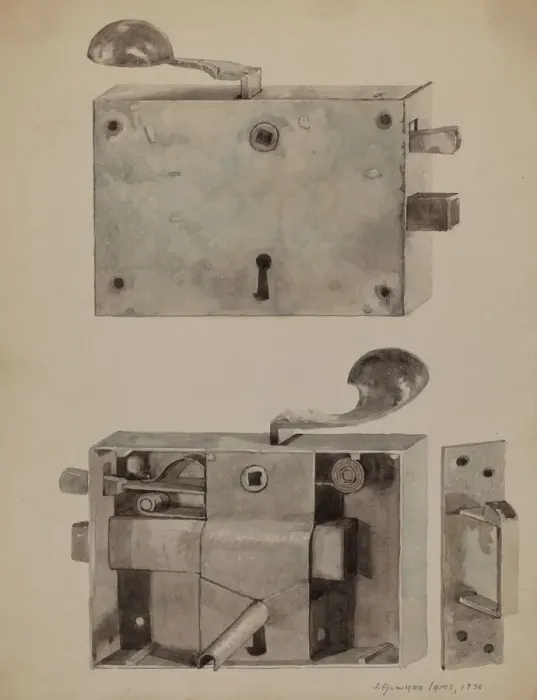 Framed Print : Wrought Iron Lock, 1936. Creator: J. Howard Iams Framed Print : Wrought Iron Lock, 1936. Creator: J. Howard Iams