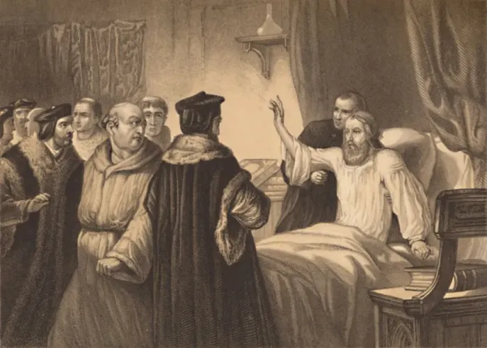 Framed Print : Wycliffe on his Sick-Bed Assailed by the Friars, 1886. Artist: Herbert K Bourne Framed Print : Wycliffe on his Sick-Bed Assailed by the Friars, 1886. Artist: Herbert K Bourne