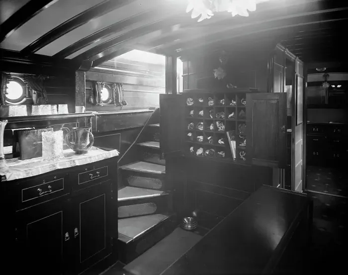 Framed Print : Yacht Althea, cabin showing buffet, between 1907 and 1915. Creator: Unknown Framed Print : Yacht Althea, cabin showing buffet, between 1907 and 1915. Creator: Unknown
