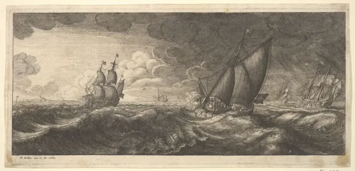 Framed Print : A yacht and three warships in a storm, 1665. Creator: Wenceslaus Hollar Framed Print : A yacht and three warships in a storm, 1665. Creator: Wenceslaus Hollar