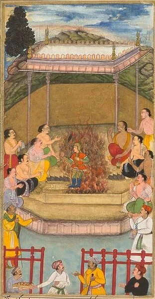 Yaja and Upayaja perform a sacrifice for the emergence of Dhrishtadyumna from the fire