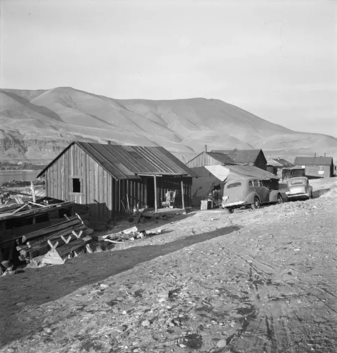 Framed Print : Yakima Indian village, on the Columbia River... Celilo, Wasco County, Oregon, 1939. Creator: Dorothea Lange Framed Print : Yakima Indian village, on the Columbia River... Celilo, Wasco County, Oregon, 1939. Creator: Dorothea Lange