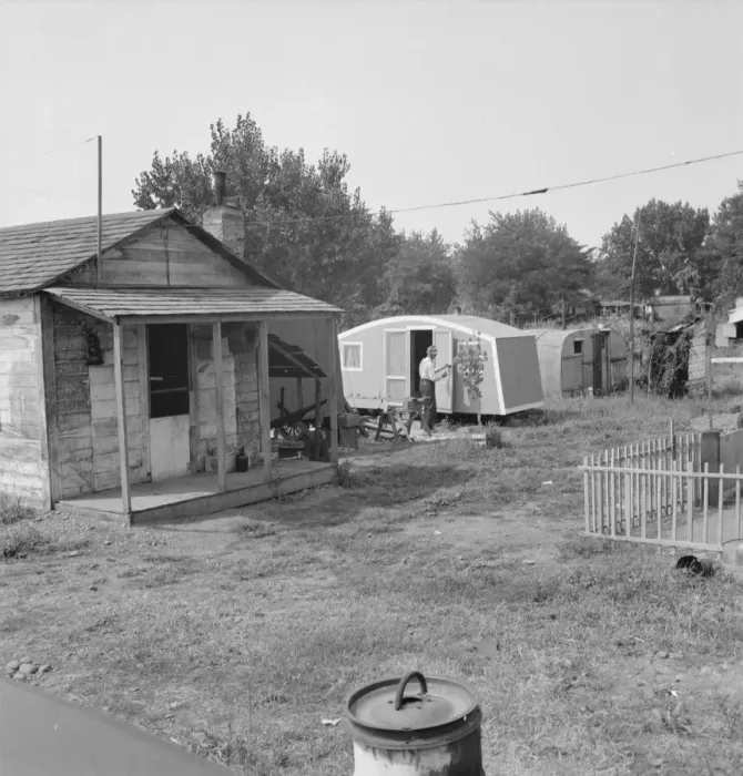 Framed Print : Yakima shacktown, (Sumac Park) is one of several large shacktown communities... Washington, 1939. Creator: Dorothea Lange Framed Print : Yakima shacktown, (Sumac Park) is one of several large shacktown communities... Washington, 1939. Creator: Dorothea Lange