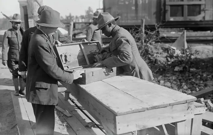 Framed Print : Yaphank, examining packages, 11 Sept 1917. Creator: Bain News Service Framed Print : Yaphank, examining packages, 11 Sept 1917. Creator: Bain News Service