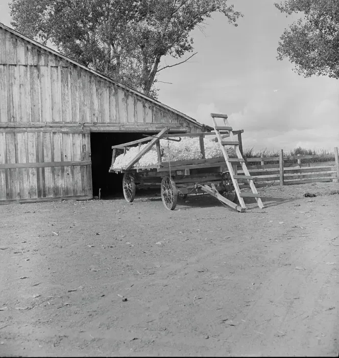 Framed Print : Yard barn and cotton wagon on small California cotton farm, Kern County, California, 1938. Creator: Dorothea Lange Framed Print : Yard barn and cotton wagon on small California cotton farm, Kern County, California, 1938. Creator: Dorothea Lange