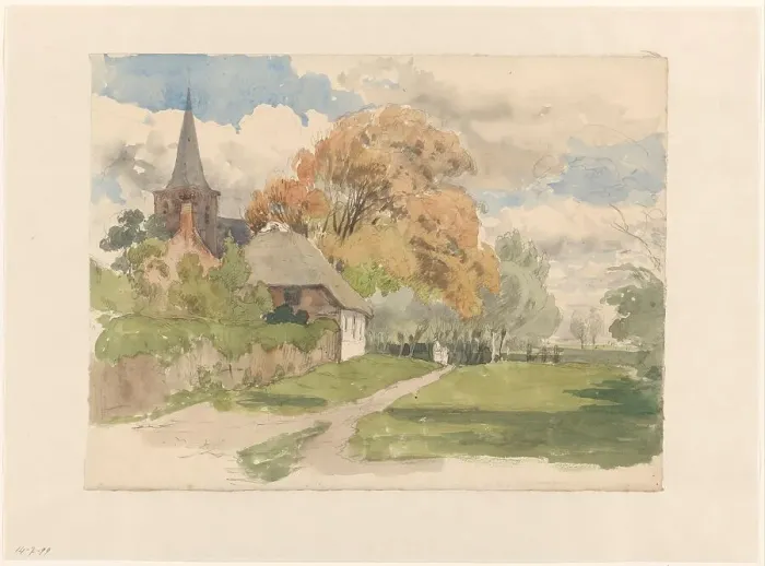 Framed Print : Yard at a village church, 1845-1925. Creator: Julius Jacobus van de Sande Bakhuyzen Framed Print : Yard at a village church, 1845-1925. Creator: Julius Jacobus van de Sande Bakhuyzen