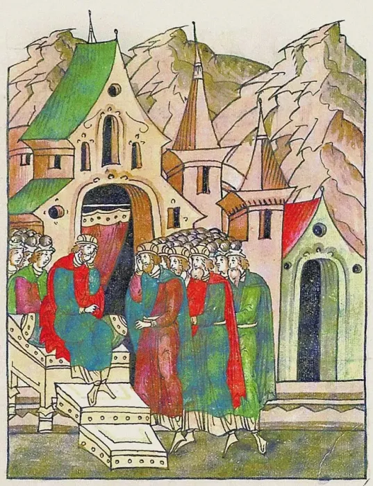 Framed Print : Yaropolk of Kiev calls his brothers to reconcile. (From the Illuminated Compiled Chronicle), Second Artist: Anonymous Framed Print : Yaropolk of Kiev calls his brothers to reconcile. (From the Illuminated Compiled Chronicle), Second Artist: Anonymous