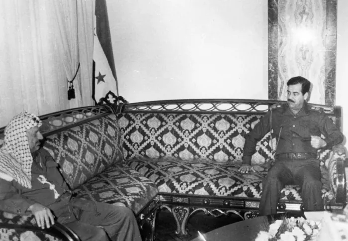 Framed Print : Yasser Arafat and Saddam Hussein, Iraq, 1987 Framed Print : Yasser Arafat and Saddam Hussein, Iraq, 1987