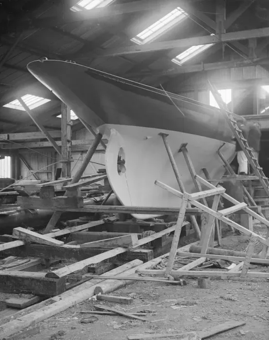 Framed Print : The yawl Banzai in shed at boatyard, 1912. Creator: Kirk & Sons of Cowes Framed Print : The yawl Banzai in shed at boatyard, 1912. Creator: Kirk & Sons of Cowes
