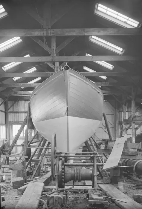 Framed Print : The yawl Banzai in shed at boatyard, 1912. Creator: Kirk & Sons of Cowes Framed Print : The yawl Banzai in shed at boatyard, 1912. Creator: Kirk & Sons of Cowes