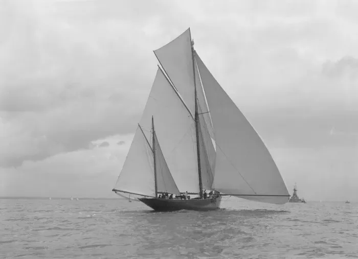 Framed Print : The yawl Harbinger running downwind, 1922. Creator: Kirk & Sons of Cowes Framed Print : The yawl Harbinger running downwind, 1922. Creator: Kirk & Sons of Cowes