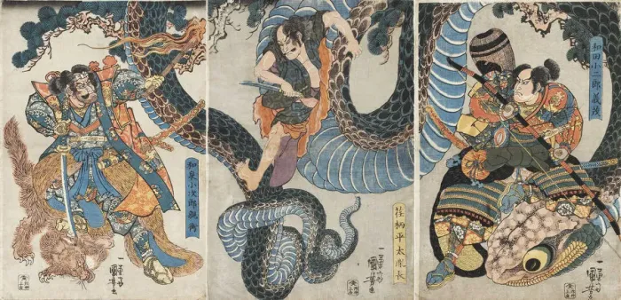 Framed Print : Yegara Heita Tanenaga, Izumi Kojiro Chikahira and Wada Kojiro Yoshishige battling a giant python Framed Print : Yegara Heita Tanenaga, Izumi Kojiro Chikahira and Wada Kojiro Yoshishige battling a giant python