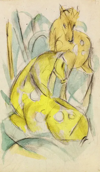 Framed Print : Two yellow animals (Two yellow deer), 1912-1913. Creator: Marc; Franz (1880-1916) Framed Print : Two yellow animals (Two yellow deer), 1912-1913. Creator: Marc; Franz (1880-1916)