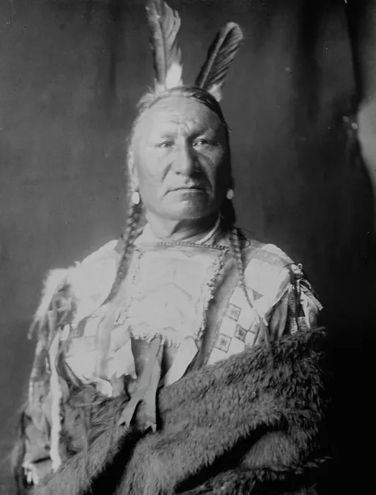 Framed Print : Yellow Horse-Yanktonai, half-length portrait, standing, facing slightly right, with long... c1908. Creator: Edward Sheriff Curtis Framed Print : Yellow Horse-Yanktonai, half-length portrait, standing, facing slightly right, with long... c1908. Creator: Edward Sheriff Curtis