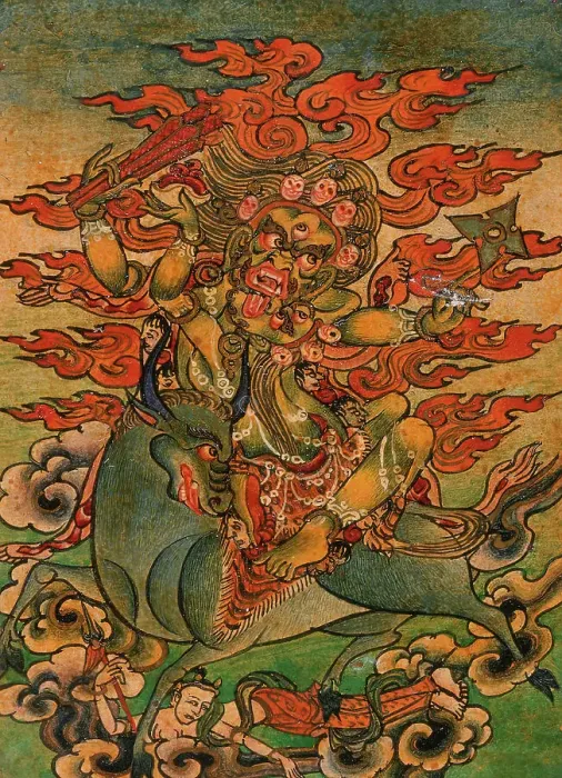 Framed Print : Yellow Yama (?) and Consort on Bull, Nyingmapa Buddhist or Bon Ritual Card, 18th-19th century. Creator: Unknown Framed Print : Yellow Yama (?) and Consort on Bull, Nyingmapa Buddhist or Bon Ritual Card, 18th-19th century. Creator: Unknown