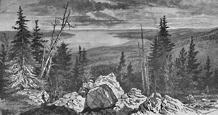 Framed Print : Yellowstone Lake, 1883. Artist: Charles E. H Bonwill Framed Print : Yellowstone Lake, 1883. Artist: Charles E. H Bonwill