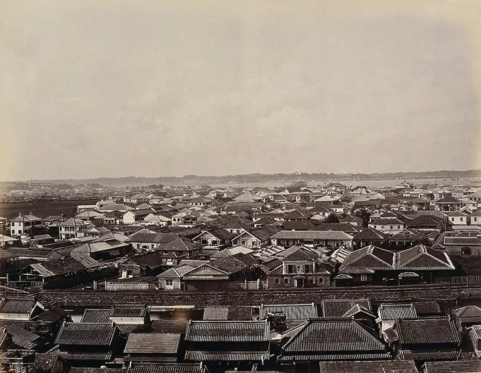 Framed Print : Yokohama, Japan: panoramic view of Yokohama town, looking towards the harbour, c1873. Creator: William Pryor Floyd Framed Print : Yokohama, Japan: panoramic view of Yokohama town, looking towards the harbour, c1873. Creator: William Pryor Floyd
