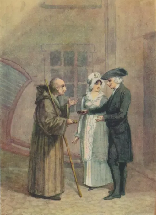 Framed Print : Yorik, the Monk and Madame L- in the Inn Courtyard at Calais, c1760s, (1942). Creator: Adam Buck Framed Print : Yorik, the Monk and Madame L- in the Inn Courtyard at Calais, c1760s, (1942). Creator: Adam Buck