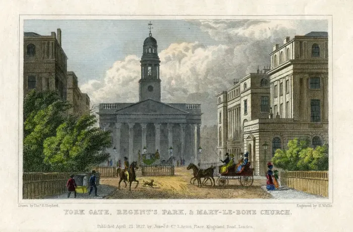 Framed Print : York Gate, Regents Park, and Mary-le-Bone Church, London, 1827. Artist: H Wallis Framed Print : York Gate, Regents Park, and Mary-le-Bone Church, London, 1827. Artist: H Wallis