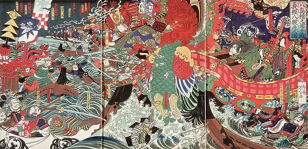 Yoshitsune Leaps Over Eight Boats at Dannoura Bay during the Battle of Yashima, 19th century. Creator: Tsukioka Yoshitoshi