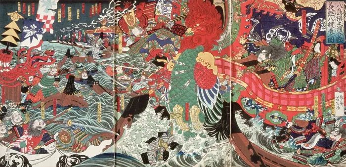 Framed Print : Yoshitsune Leaps Over Eight Boats at Dannoura Bay during the Battle of Yashima, 19th century. Creator: Tsukioka Yoshitoshi Framed Print : Yoshitsune Leaps Over Eight Boats at Dannoura Bay during the Battle of Yashima, 19th century. Creator: Tsukioka Yoshitoshi